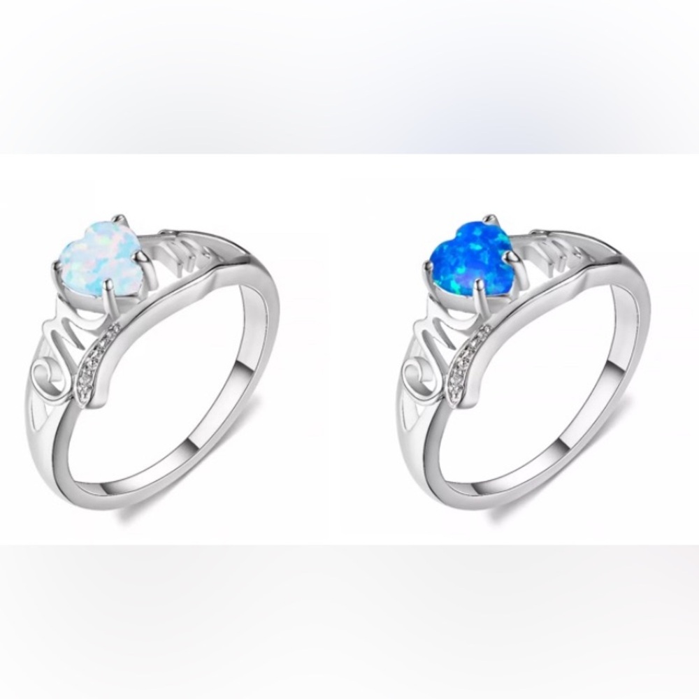 Women Fashion Silver Love Mom White/Blue Simulated Opal Ring  Size7, 8 & 9